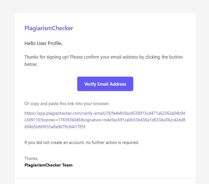 Screenshot of the Plagiachecker email verification message