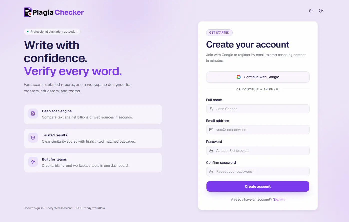 Screenshot of the Plagiachecker sign-up page showing standard and Google registration options