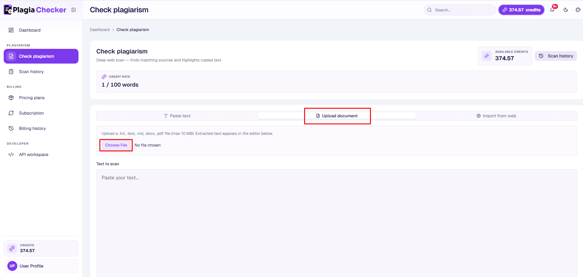 Screenshot of the Plagiachecker document upload interface