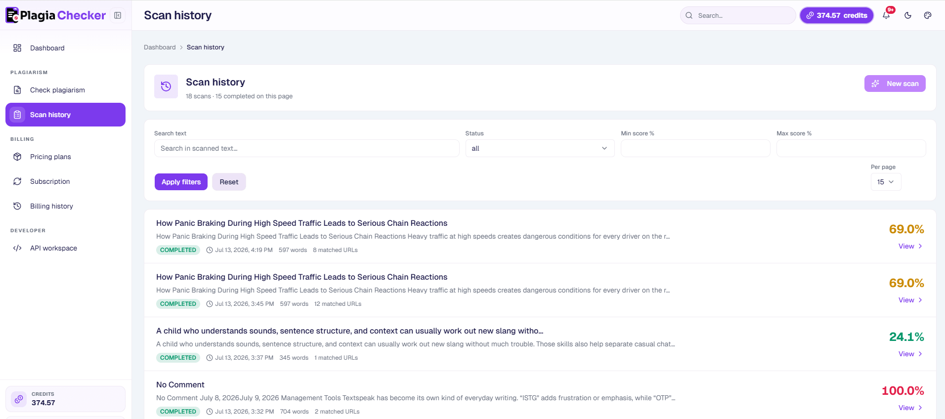 Screenshot of the Plagiachecker Scan History dashboard