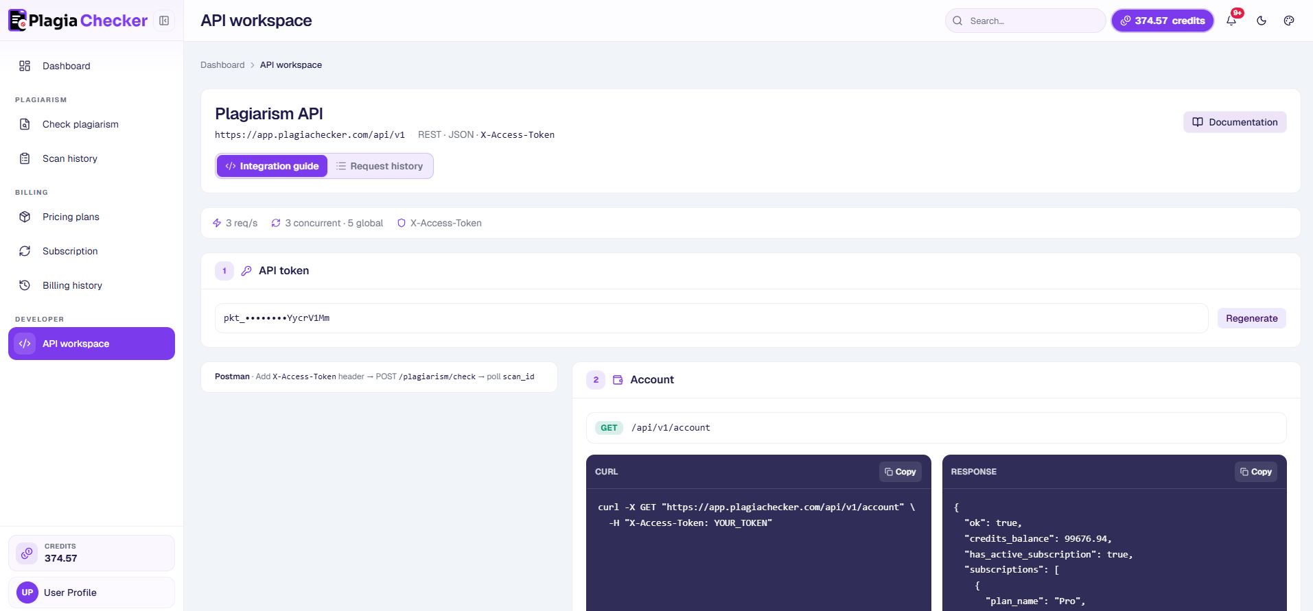 Screenshot of the Plagiachecker API Workspace dashboard