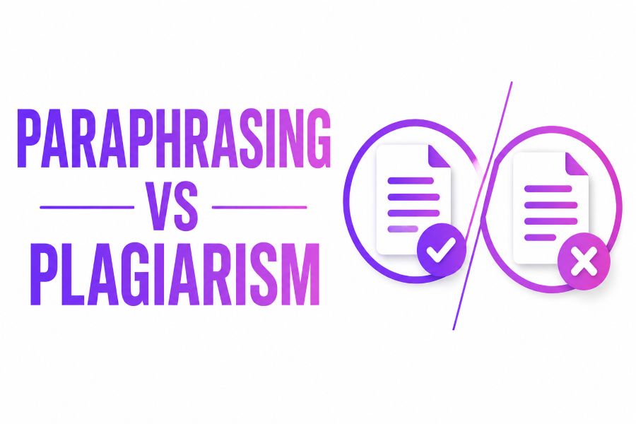 Paraphrasing vs plagiarism comparison graphic showing the key differences