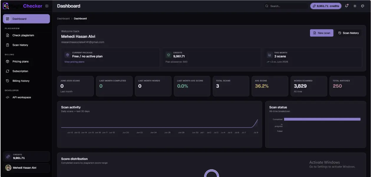 Plagiachecker dashboard showing text, document, and webpage input options