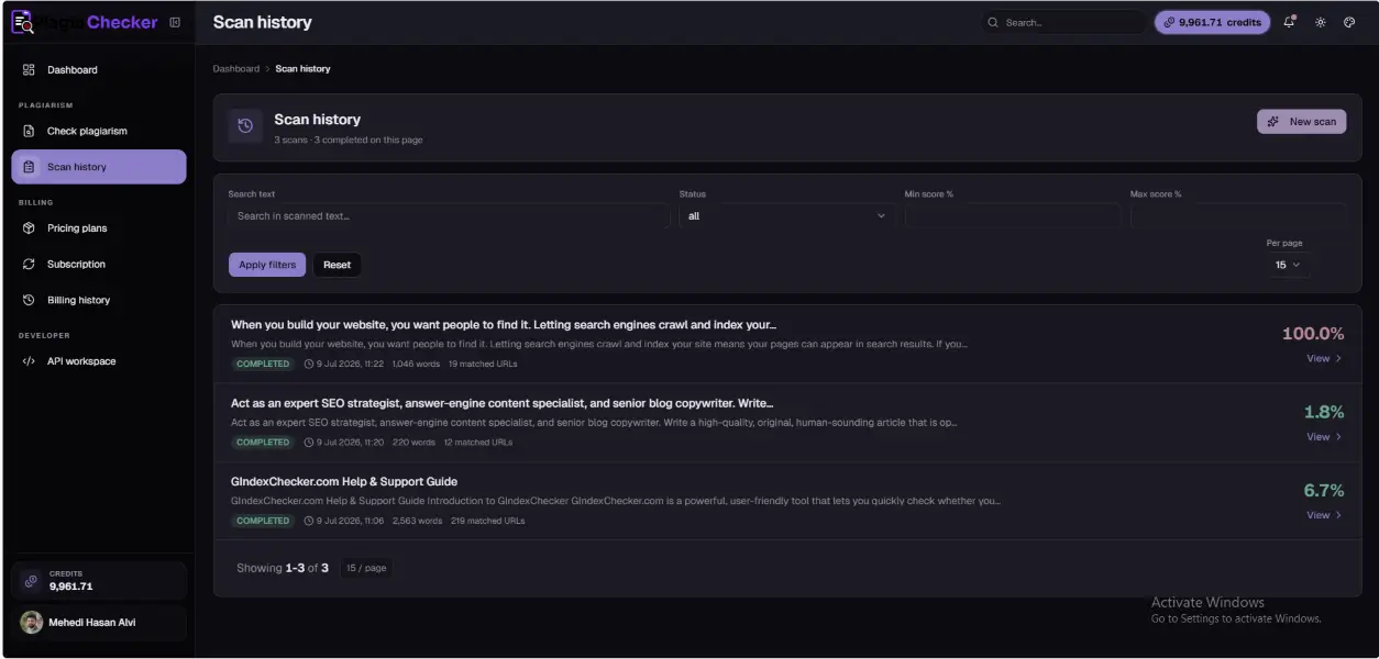 Plagiachecker scan history showing previous scans and report actions